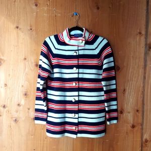 Hand Full Fashioned Vintage Navy Blue Red & White Striped Button Down Sweater
